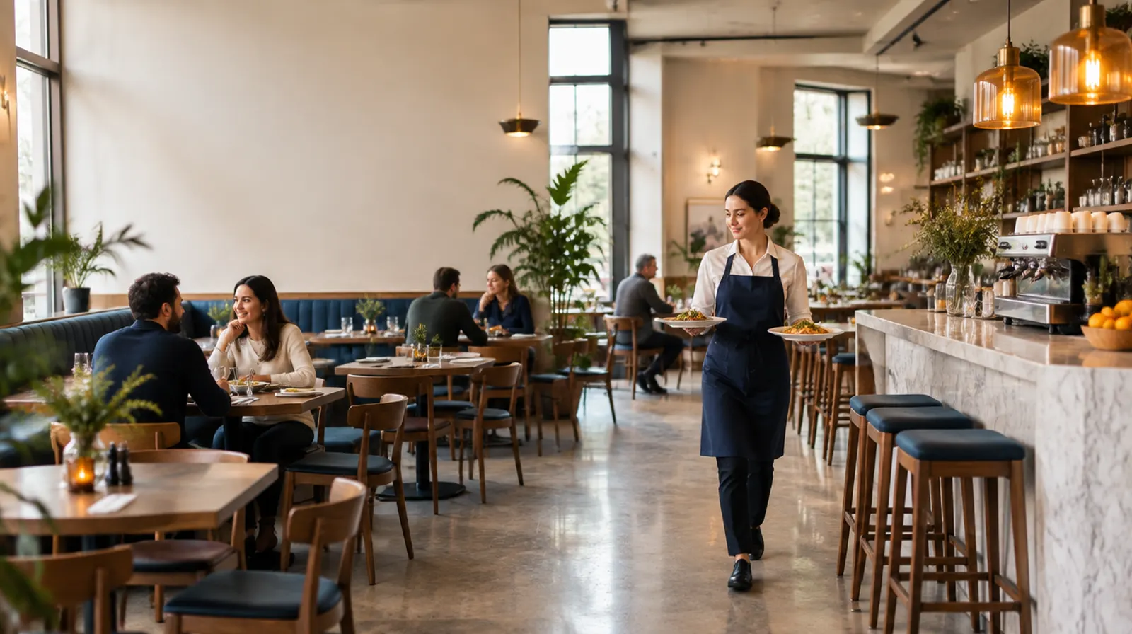 Öğle servisinde sakin bir kafe-restoran salonu, garson iki tabak taşıyor